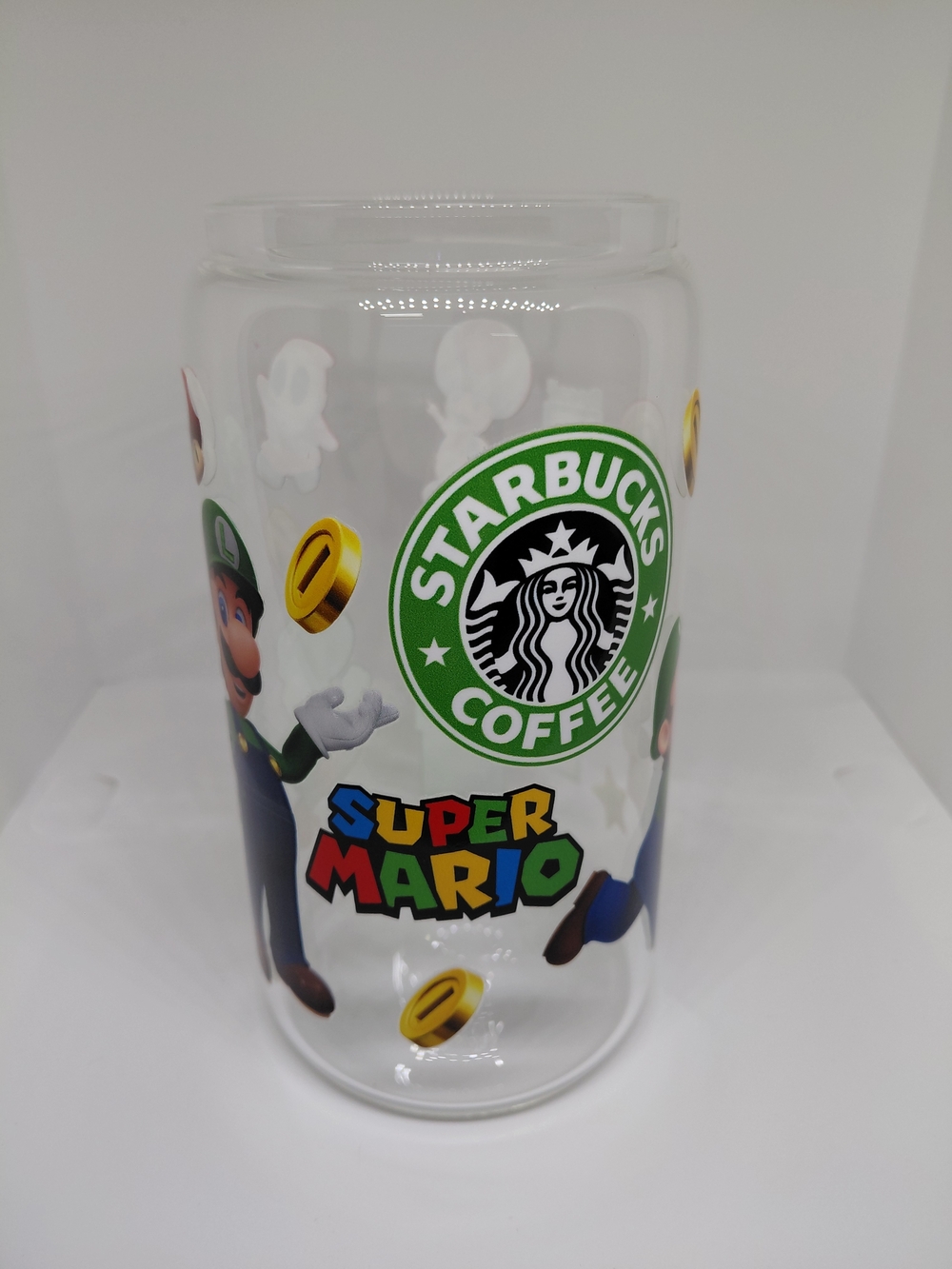 Glass Can Tumbler 16oz UVDTF Starbucks Super Mario With Straw & Acrylic Lid